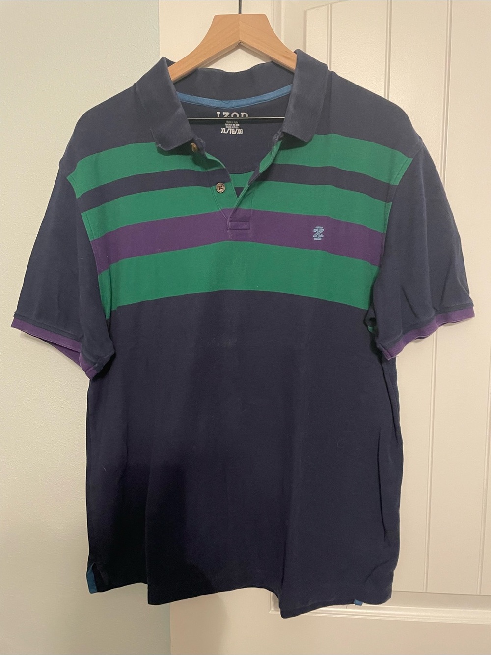 Izod Navy Polo with Green and Purple Stripes